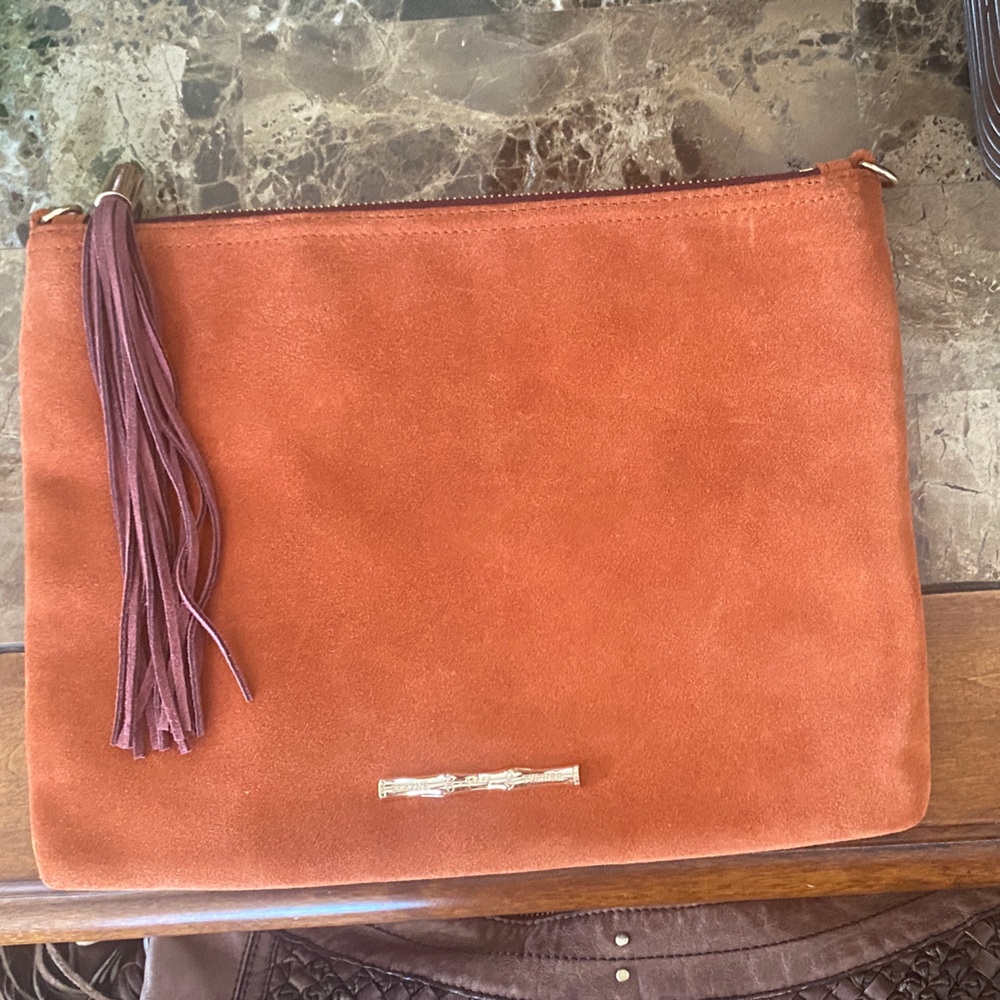 Elaine Turner Rust Orange and Purple Suede Tassel Clutch